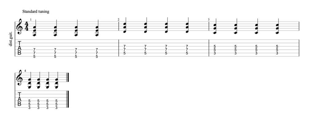 Guitar tab showing power chord shapes on the E string